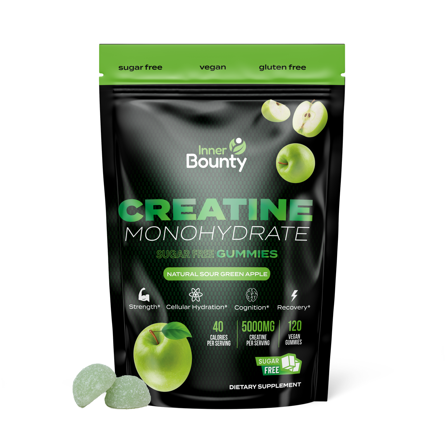 Creatine Monohydrate Gummies Sour Green Apple Gummies, Sugar Free 5G, 120 Count