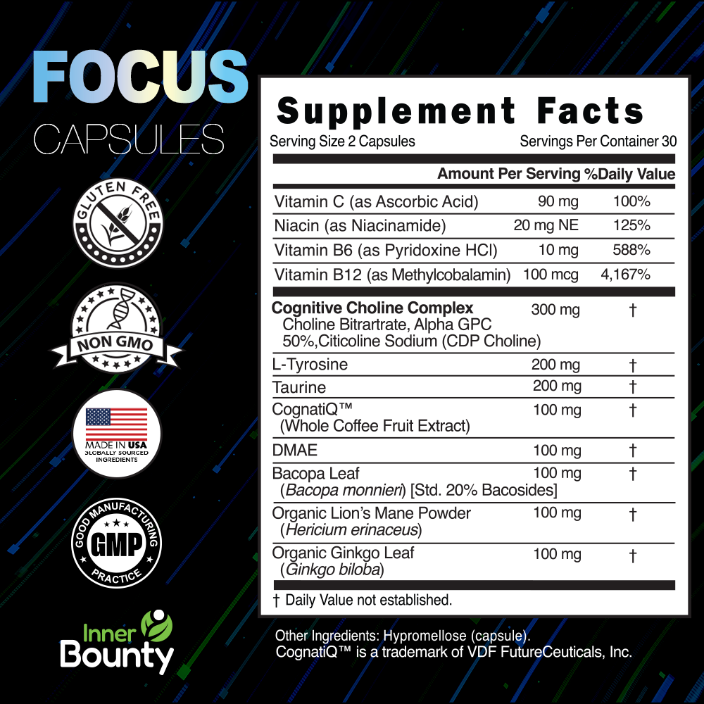 14-in-1 Focus Nootropic with Vitamin C, B6 & 12, Alpha GPC, and More - 60 Filler Free Capsules